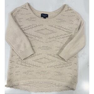 American Eagle Outfitters Sweater Size Med 3/4 Sleeve Cream Fringed Hem Cotton
